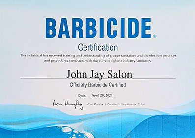 2020 Barbicide Certification for John Jay Salon